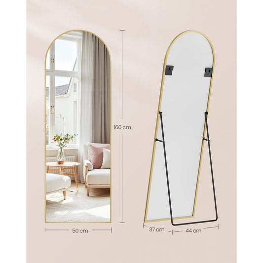 Bogenförmiger Standspiegel in Gold – 160 × 50 cm, mit Aluminiumrahmen & gehärtetem Glas.