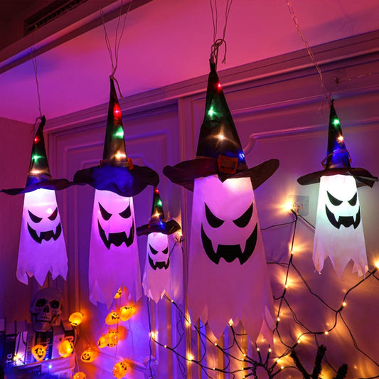Bunte Halloween-Lichterkette mit Zaubererhüten & Geistern