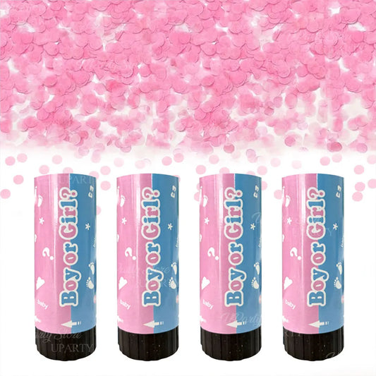 4er-Set Gender Reveal Konfetti-Popper – mit rosa & blauem Papierkonfetti