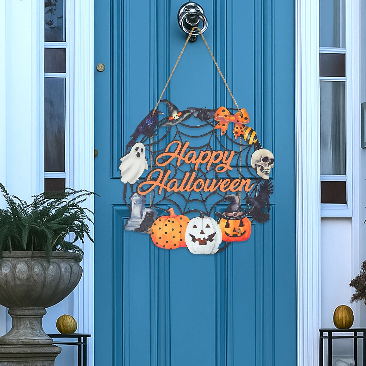 Halloween Kürbis-Holz Deko zum Aufhängen – Tür- & Wandanhänger