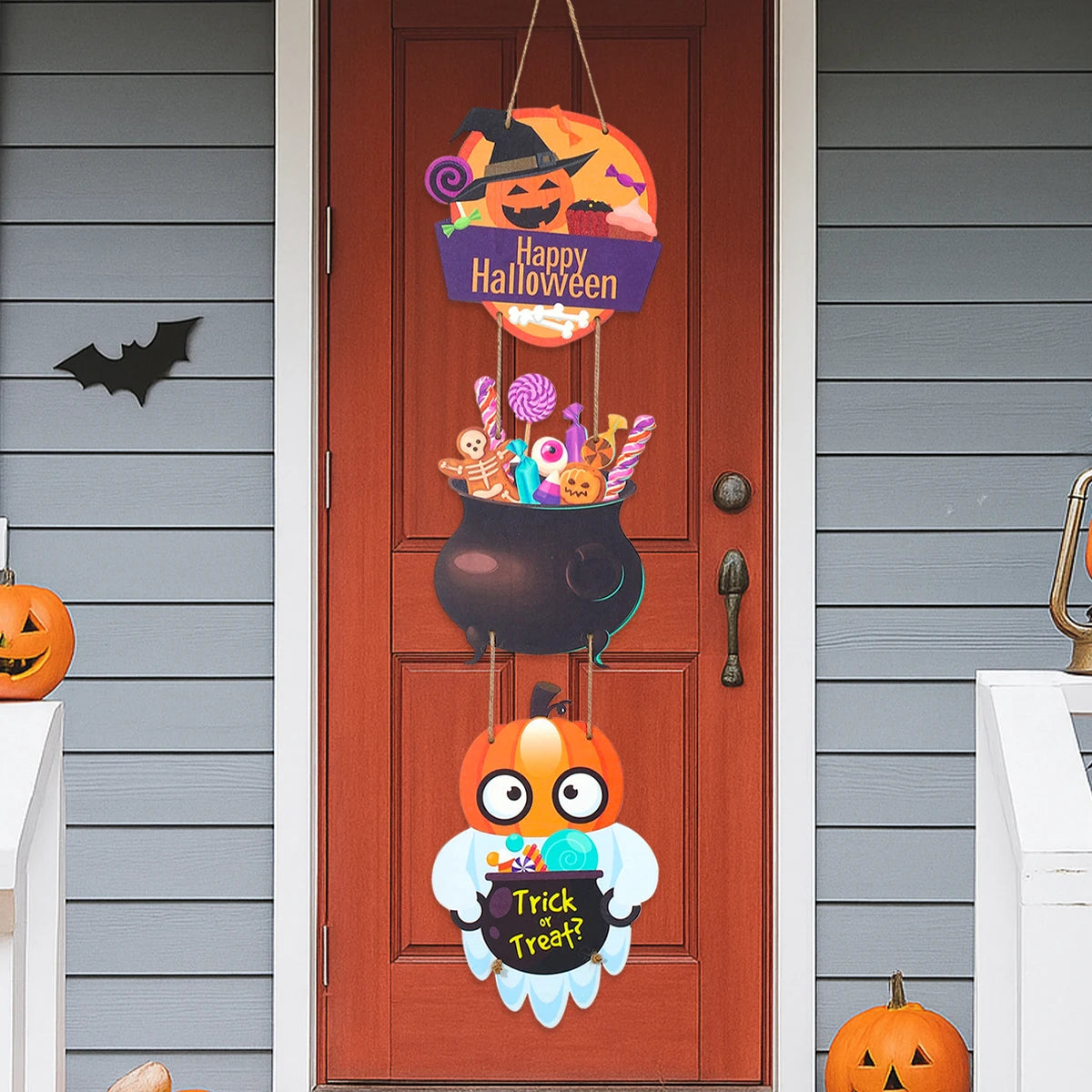 Halloween Kürbis-Holz Deko zum Aufhängen – Tür- & Wandanhänger