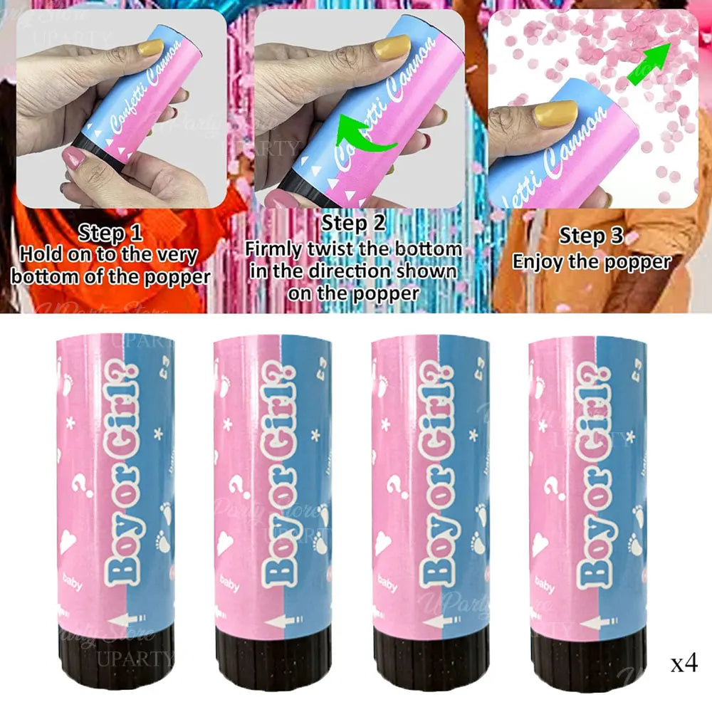 4er-Set Gender Reveal Konfetti-Popper – mit rosa & blauem Papierkonfetti