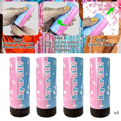 4er-Set Gender Reveal Konfetti-Popper – mit rosa & blauem Papierkonfetti