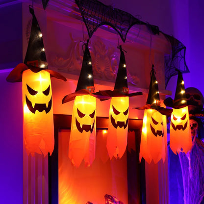 Bunte Halloween-Lichterkette mit Zaubererhüten & Geistern