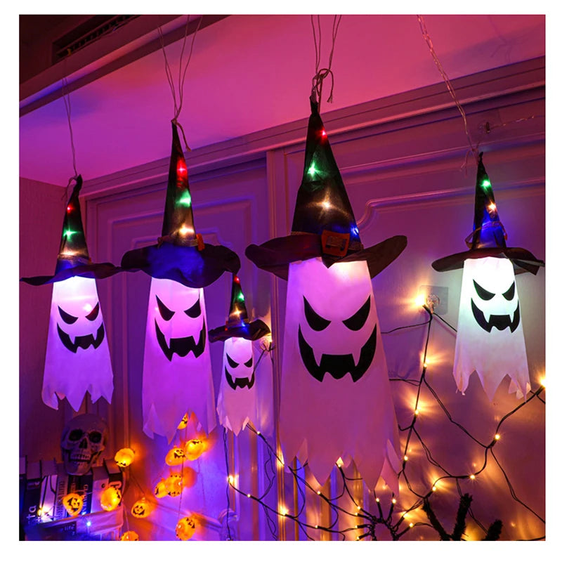 Bunte Halloween-Lichterkette mit Zaubererhüten & Geistern