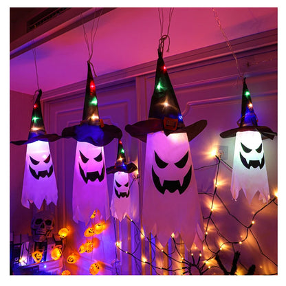 Bunte Halloween-Lichterkette mit Zaubererhüten & Geistern
