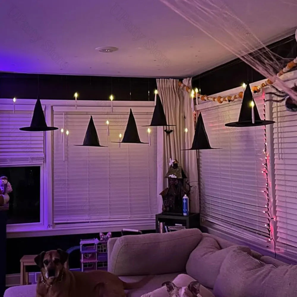 Halloween-Hexenhüte in Schwarz mit Seil zum Aufhängen