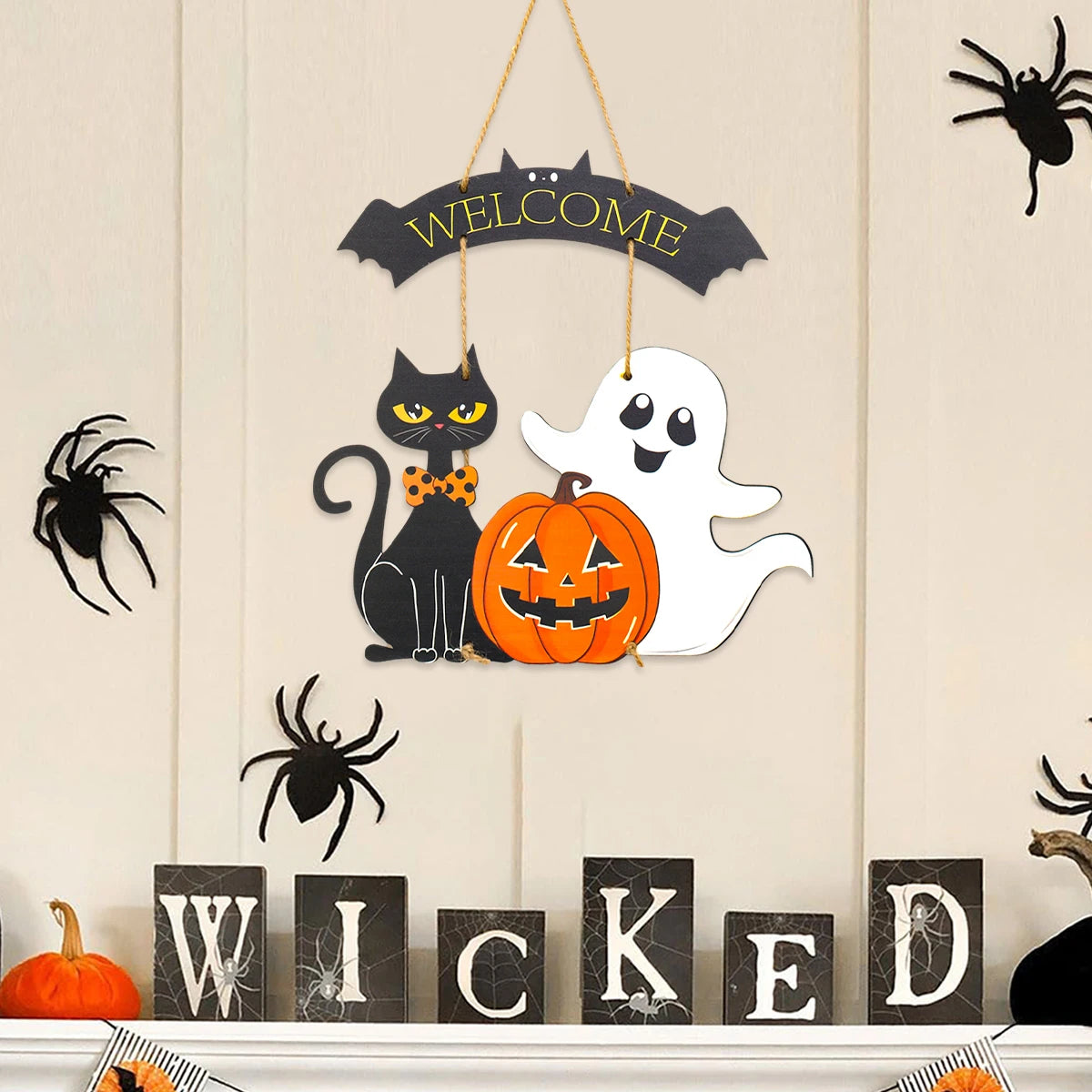 Halloween Kürbis-Holz Deko zum Aufhängen – Tür- & Wandanhänger