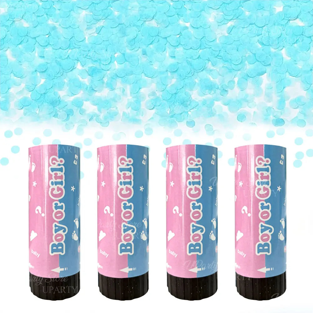 4er-Set Gender Reveal Konfetti-Popper – mit rosa & blauem Papierkonfetti