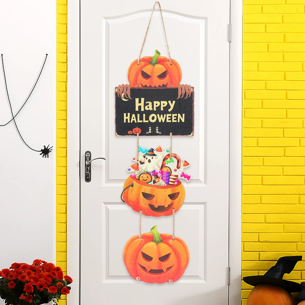 Halloween Kürbis-Holz Deko zum Aufhängen – Tür- & Wandanhänger