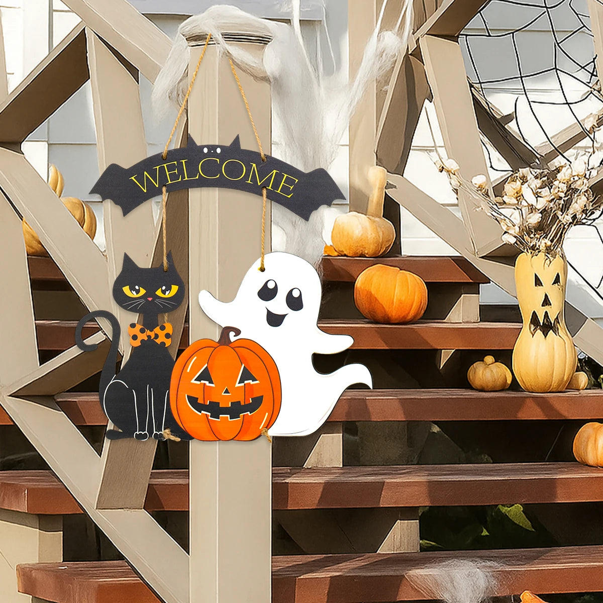 Halloween Kürbis-Holz Deko zum Aufhängen – Tür- & Wandanhänger