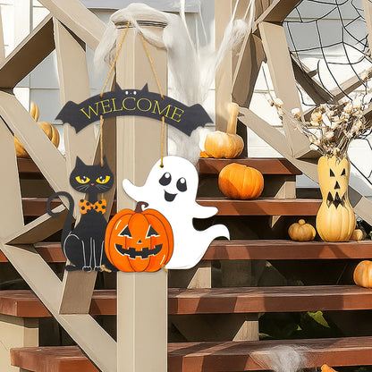 Halloween Kürbis-Holz Deko zum Aufhängen – Tür- & Wandanhänger