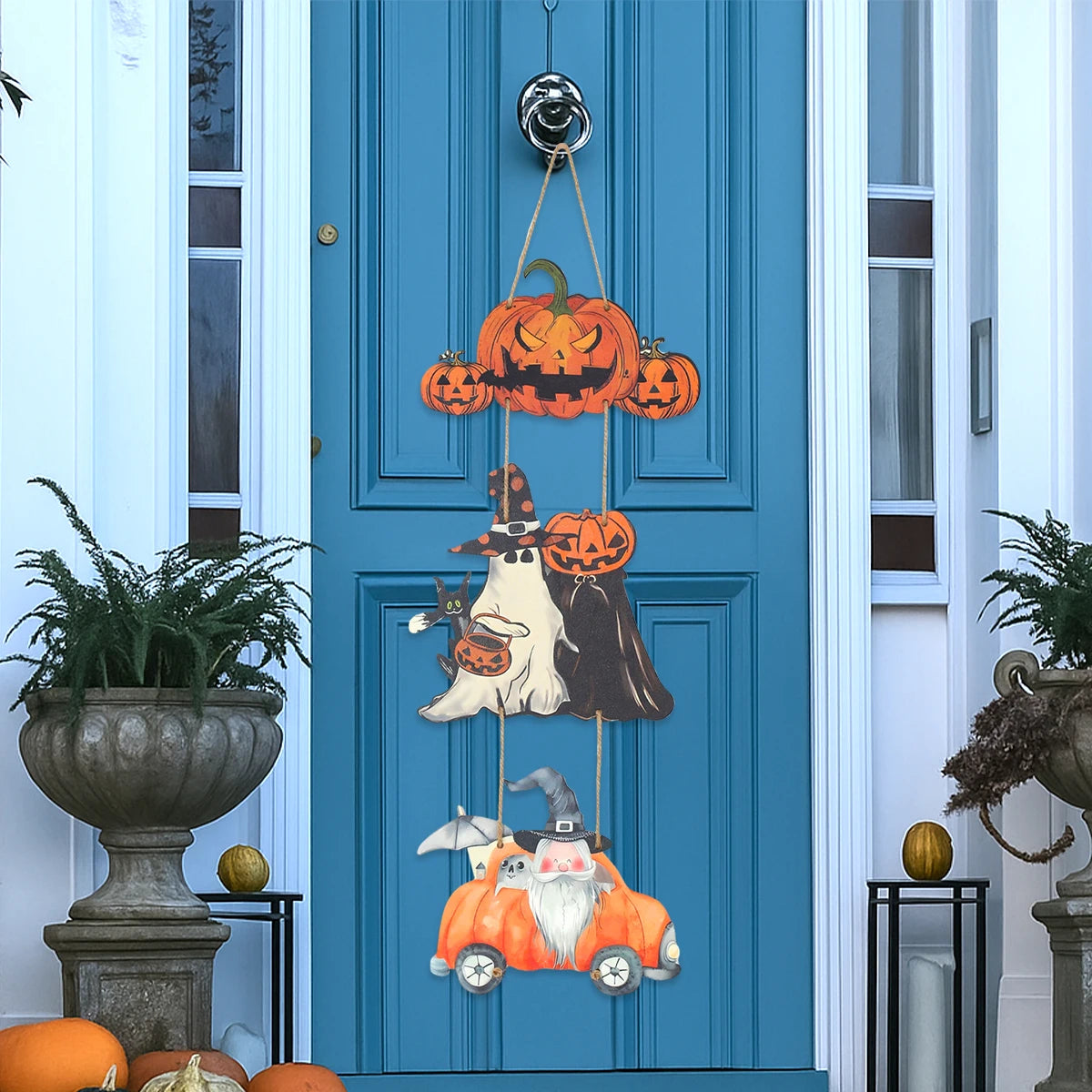 Halloween Kürbis-Holz Deko zum Aufhängen – Tür- & Wandanhänger