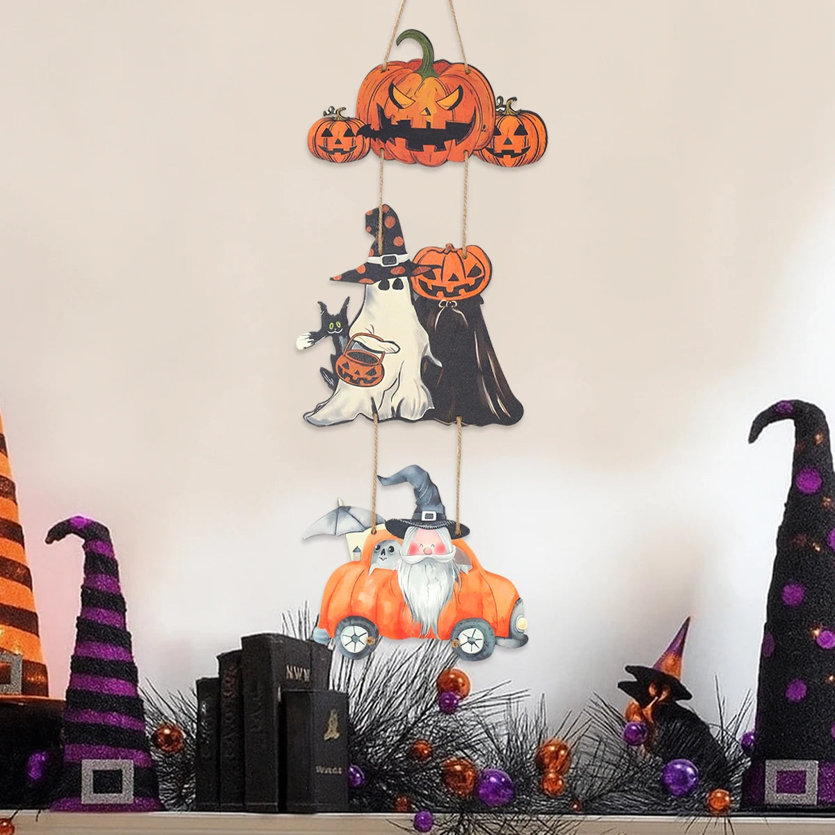 Halloween Kürbis-Holz Deko zum Aufhängen – Tür- & Wandanhänger