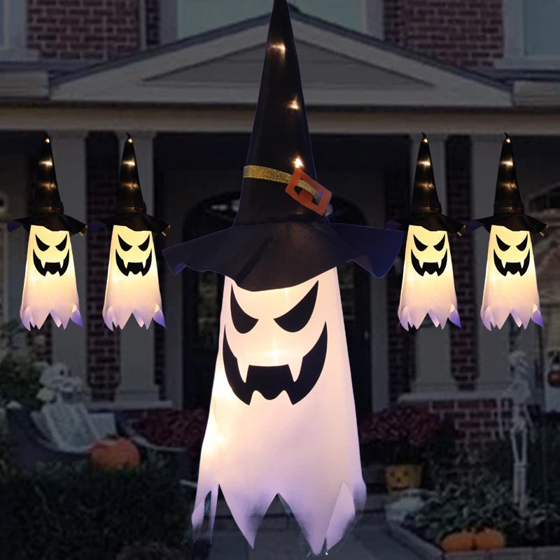 Bunte Halloween-Lichterkette mit Zaubererhüten & Geistern