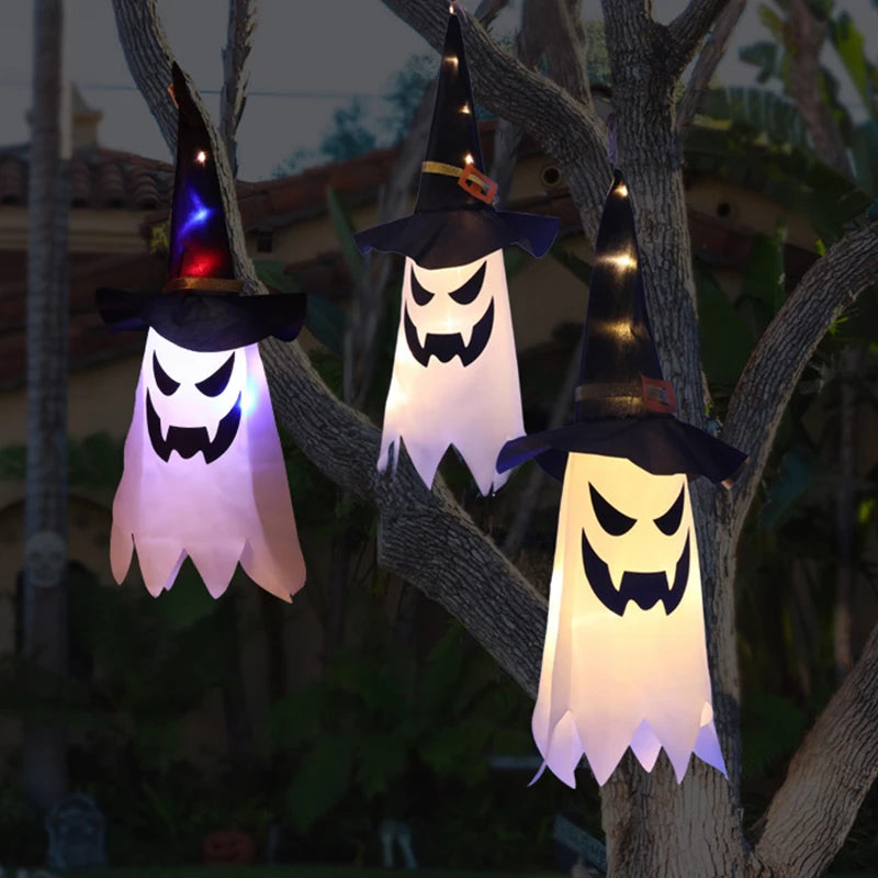Bunte Halloween-Lichterkette mit Zaubererhüten & Geistern