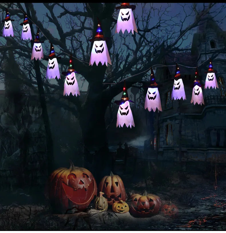 Bunte Halloween-Lichterkette mit Zaubererhüten & Geistern