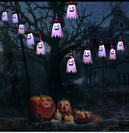 Bunte Halloween-Lichterkette mit Zaubererhüten & Geistern