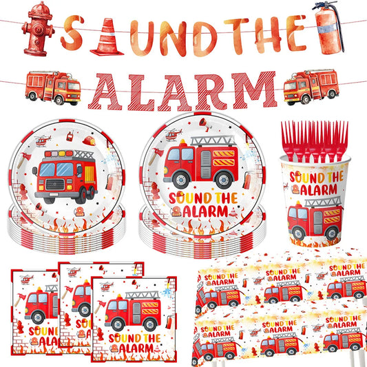 Feuerwehr Brandschutz-Thema, Pappteller, Tassen, Servietten, Tischdecke