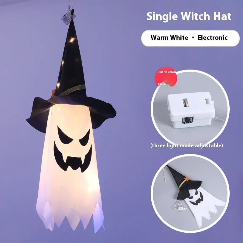 Bunte Halloween-Lichterkette mit Zaubererhüten & Geistern