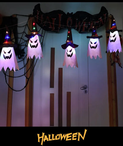 Bunte Halloween-Lichterkette mit Zaubererhüten & Geistern