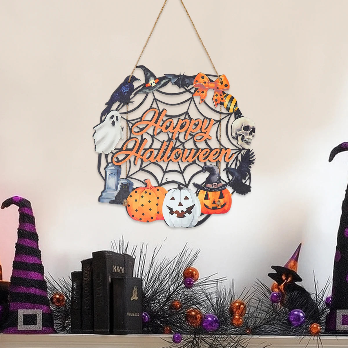 Halloween Kürbis-Holz Deko zum Aufhängen – Tür- & Wandanhänger